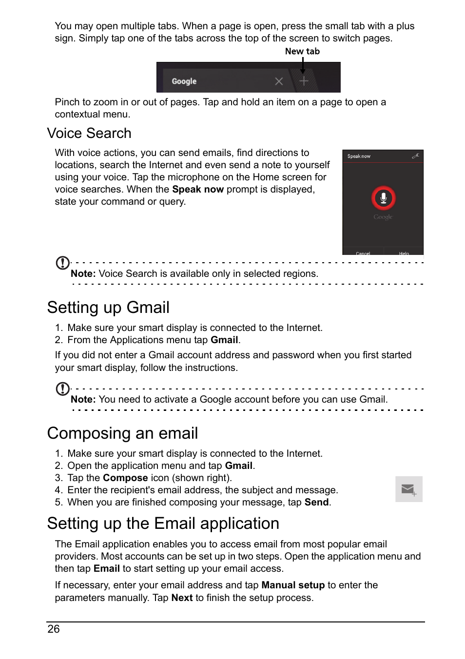 Setting up gmail, Composing an email, Setting up the email application | Voice search | Acer DA220HQL User Manual | Page 26 / 61