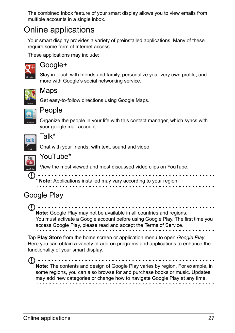 Online applications, Google, Maps | People, Talk, Youtube, Google play | Acer DA220HQL User Manual | Page 27 / 61