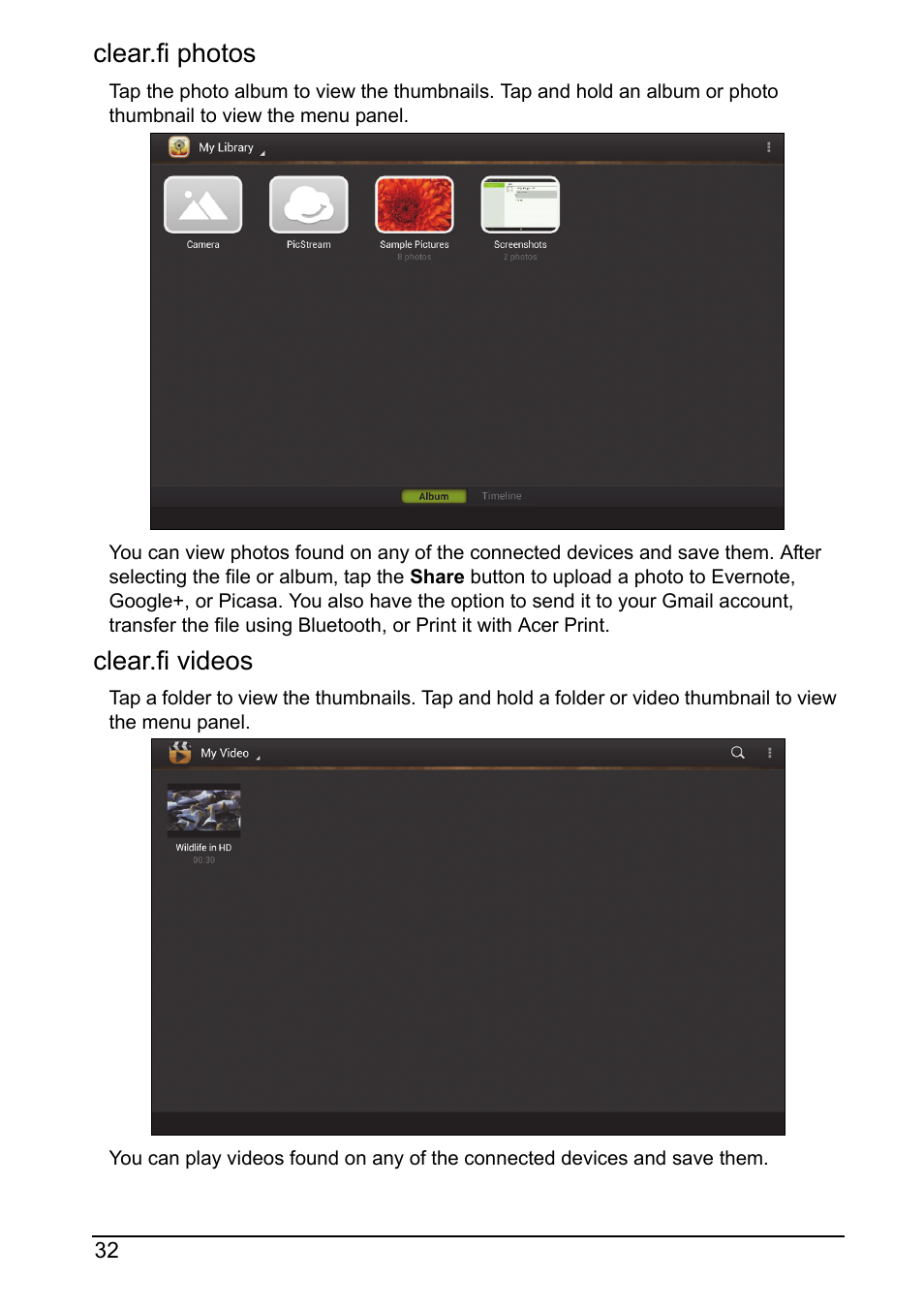 Clear.fi photos, Clear.fi videos | Acer DA220HQL User Manual | Page 32 / 61