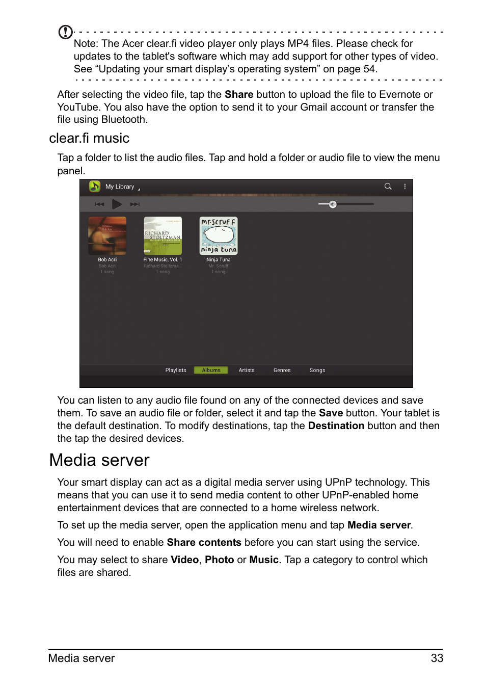Media server, Clear.fi music | Acer DA220HQL User Manual | Page 33 / 61