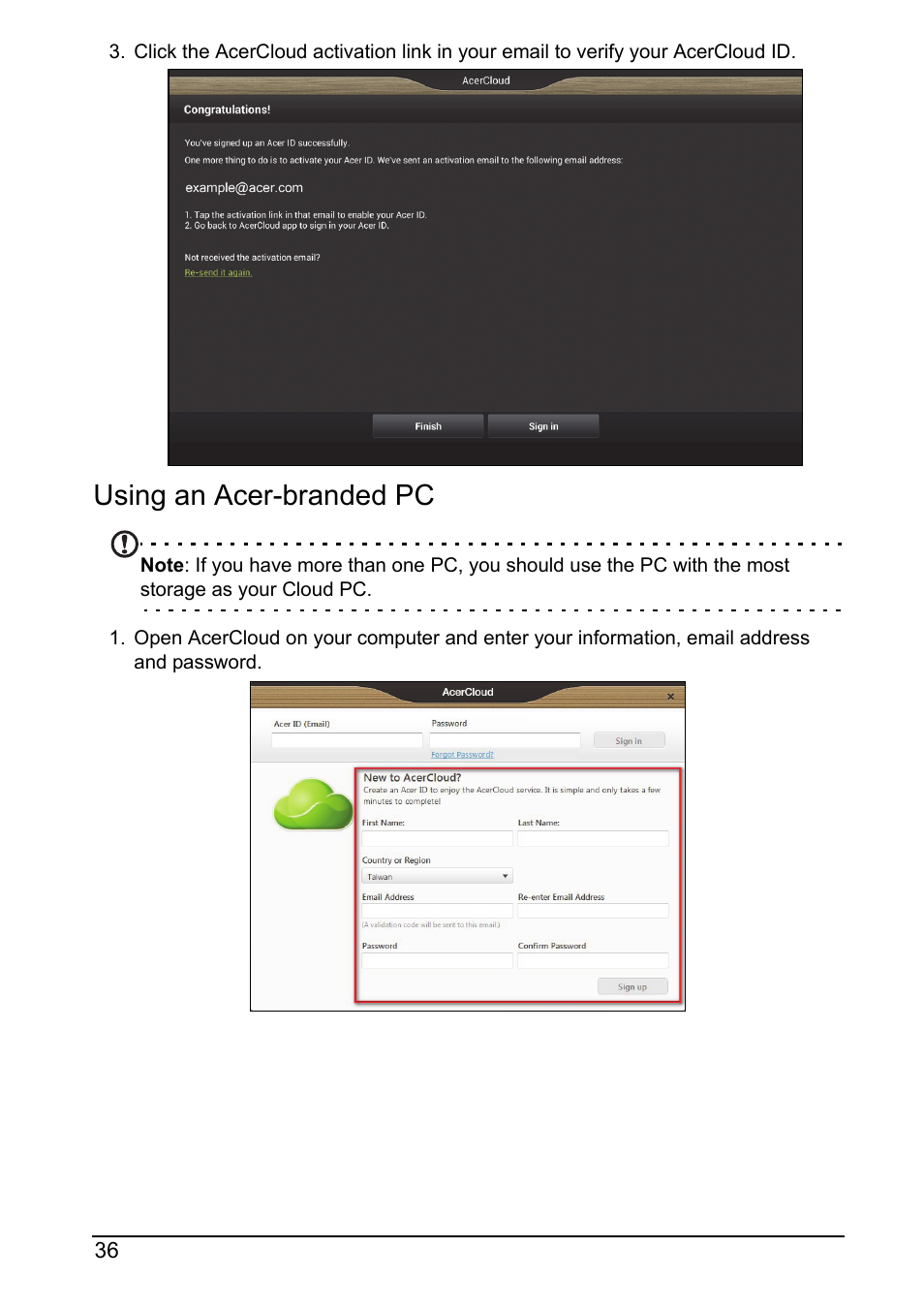 Using an acer-branded pc | Acer DA220HQL User Manual | Page 36 / 61