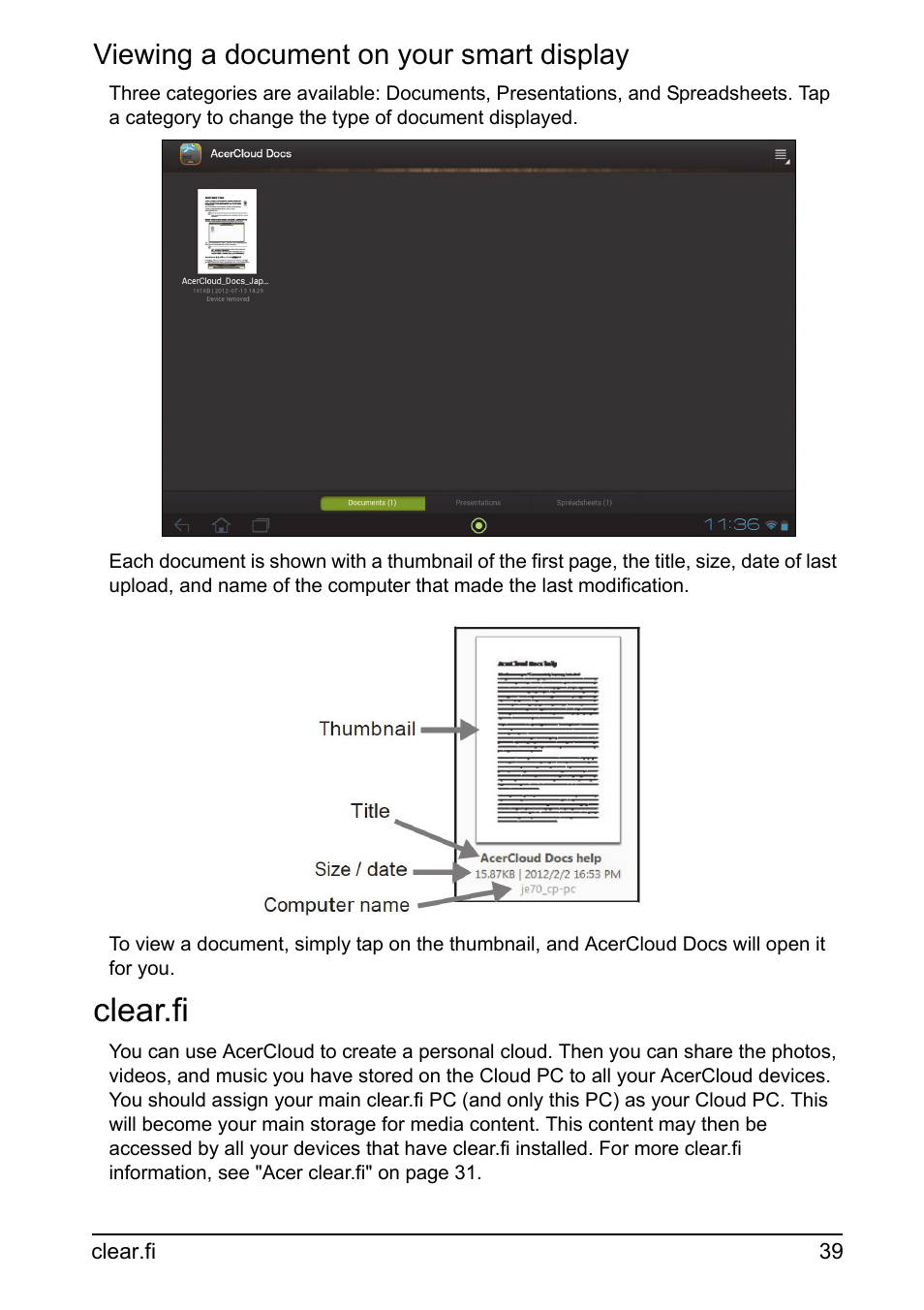 Clear.fi, Viewing a document on your smart display | Acer DA220HQL User Manual | Page 39 / 61