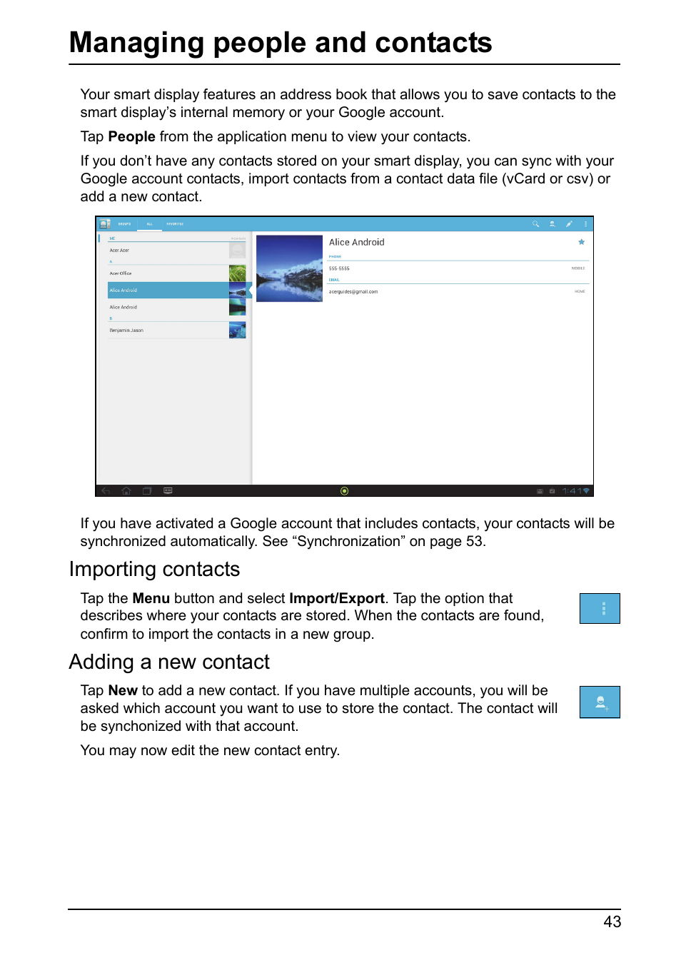 Managing people and contacts, Importing contacts, Adding a new contact | Acer DA220HQL User Manual | Page 43 / 61