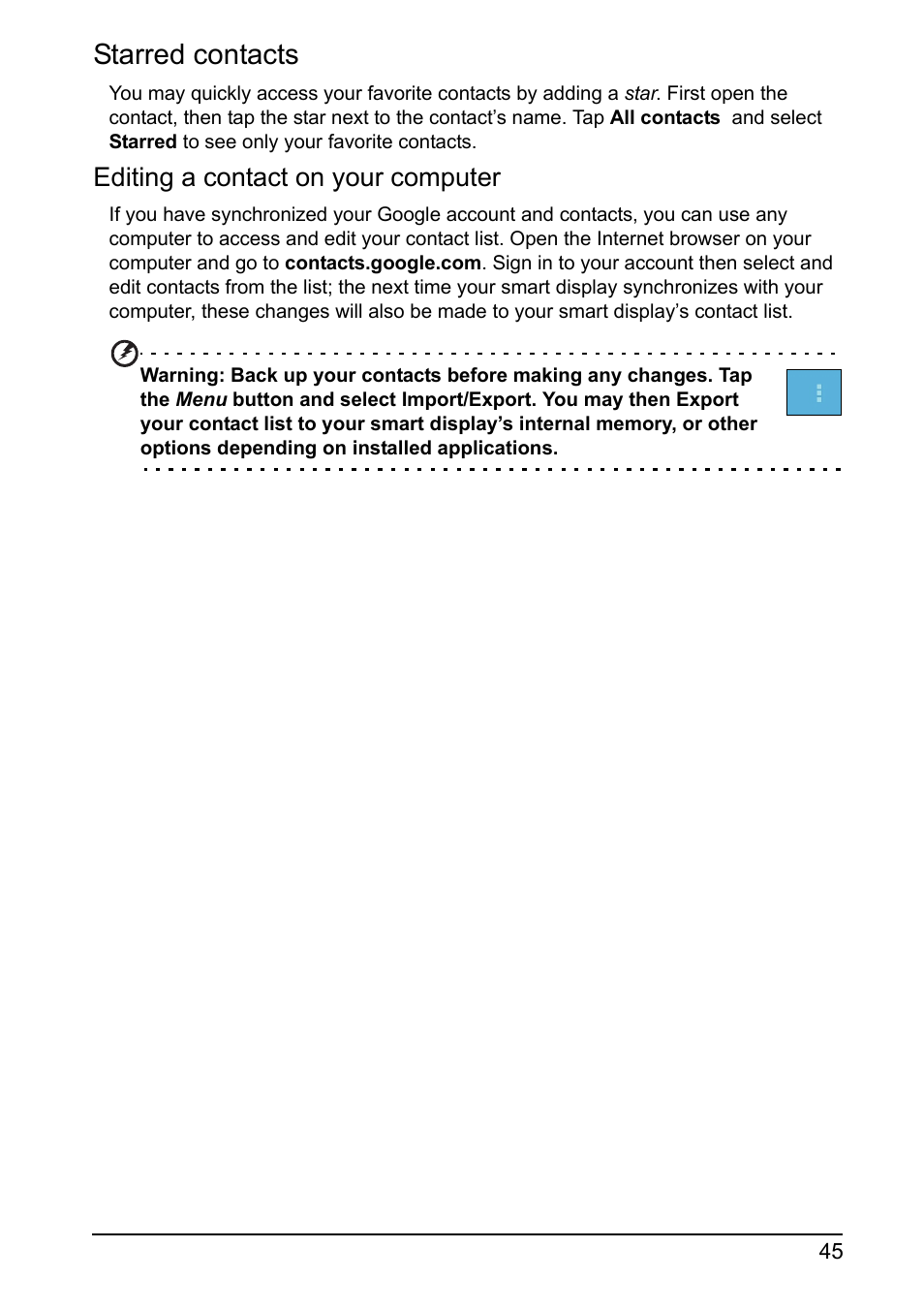 Starred contacts, Editing a contact on your computer | Acer DA220HQL User Manual | Page 45 / 61