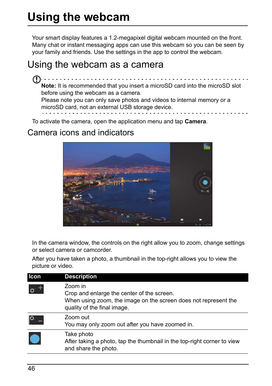 Using the webcam as a camera, Using the webcam, Camera icons and indicators | Acer DA220HQL User Manual | Page 46 / 61