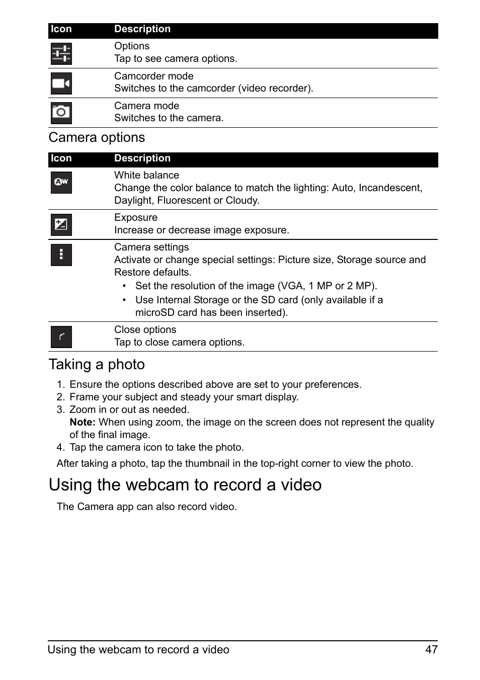 Using the webcam to record a video, Taking a photo, Camera options | Acer DA220HQL User Manual | Page 47 / 61