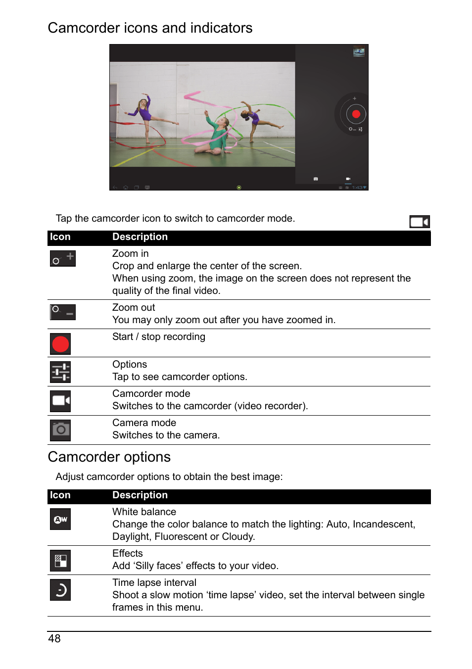 Camcorder icons and indicators, Camcorder options | Acer DA220HQL User Manual | Page 48 / 61