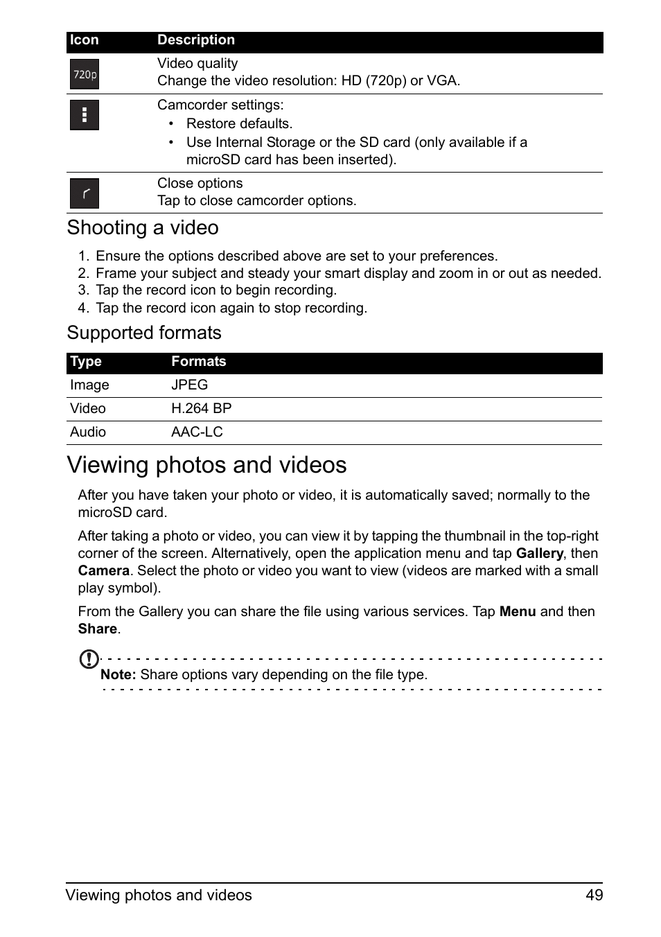 Viewing photos and videos, Shooting a video, Supported formats | Acer DA220HQL User Manual | Page 49 / 61