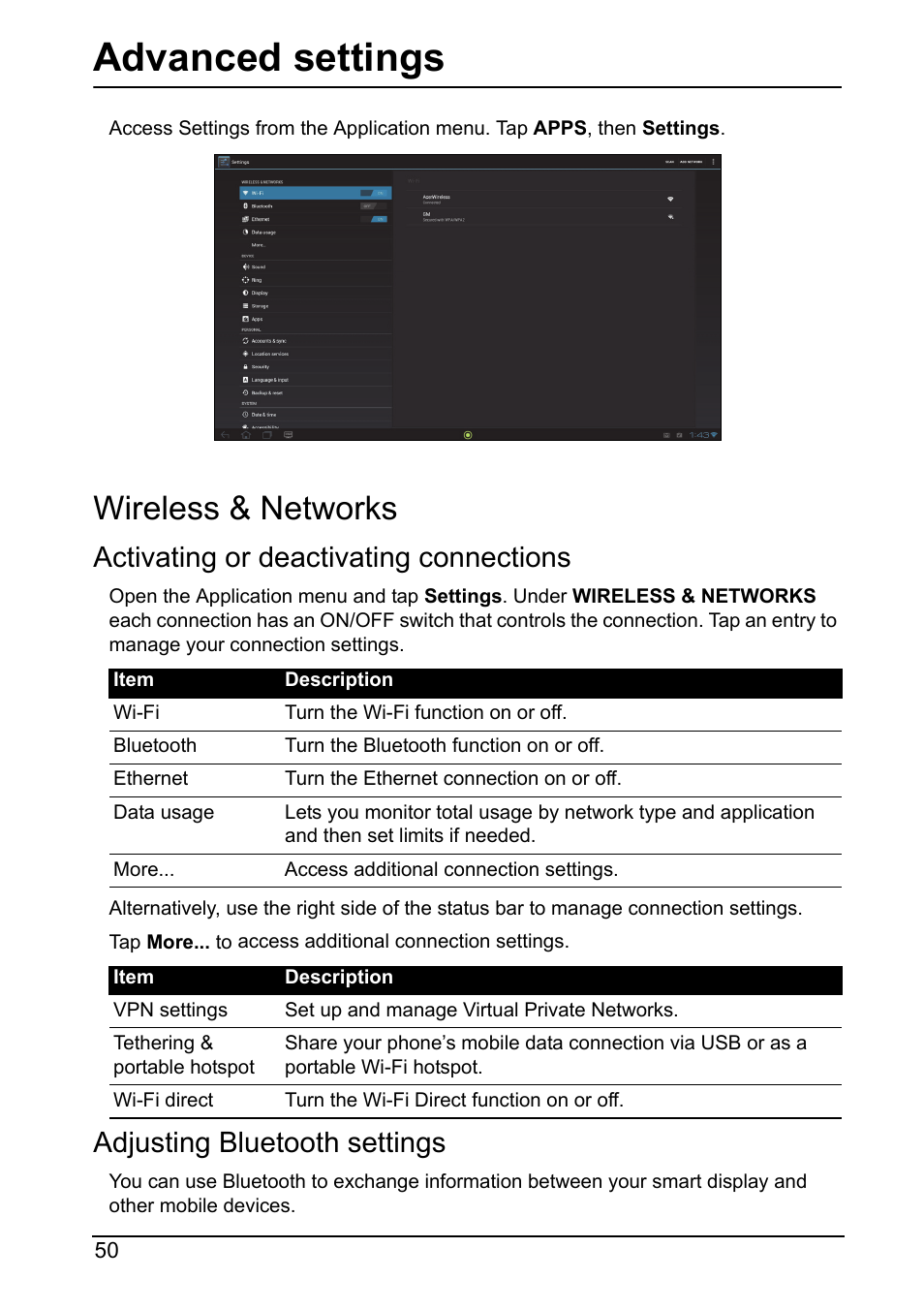 Wireless & networks, Advanced settings, Activating or deactivating connections | Adjusting bluetooth settings | Acer DA220HQL User Manual | Page 50 / 61