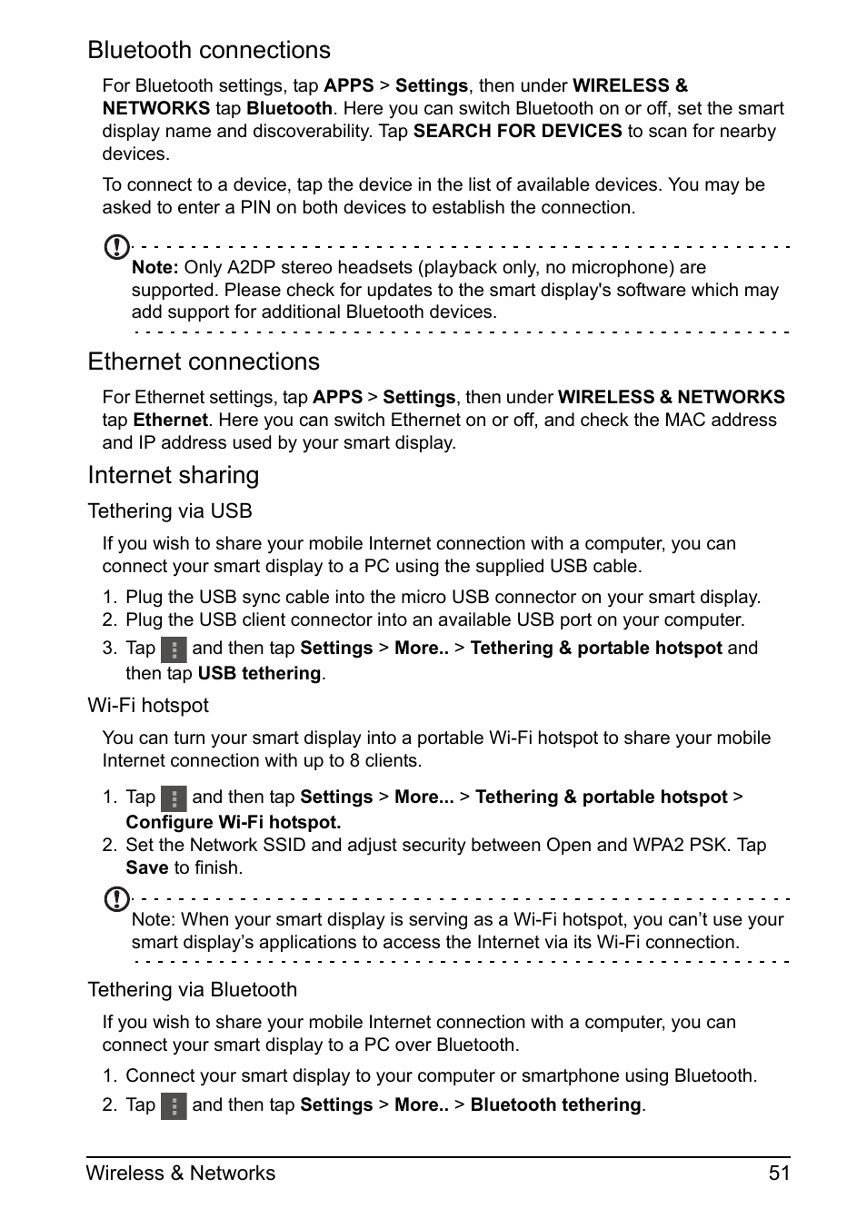 Bluetooth connections, Ethernet connections, Internet sharing | Acer DA220HQL User Manual | Page 51 / 61