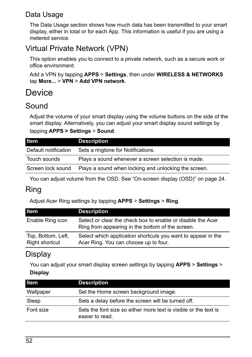 Device, Virtual private network (vpn), Sound | Ring, Display, Data usage | Acer DA220HQL User Manual | Page 52 / 61