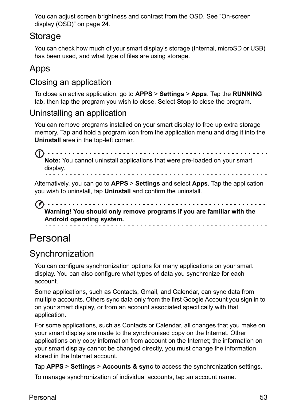 Personal, Storage, Apps | Synchronization | Acer DA220HQL User Manual | Page 53 / 61