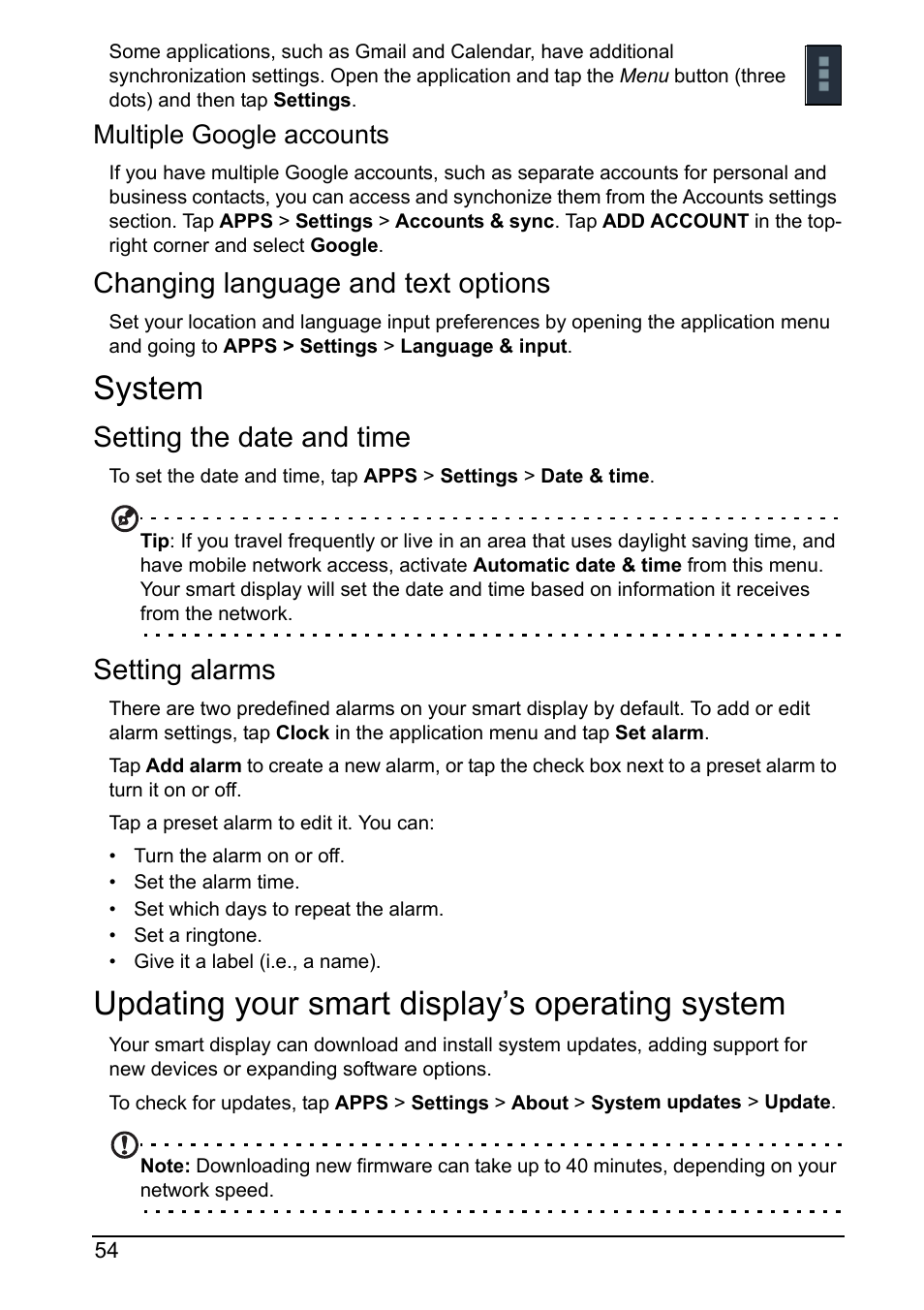 System, Updating your smart display’s operating system, Changing language and text options | Setting the date and time, Setting alarms | Acer DA220HQL User Manual | Page 54 / 61