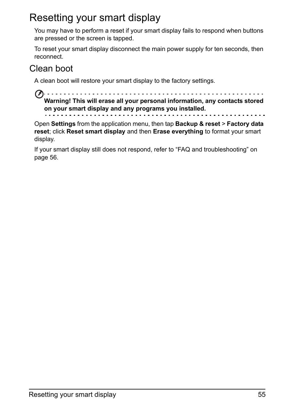 Resetting your smart display, Clean boot | Acer DA220HQL User Manual | Page 55 / 61