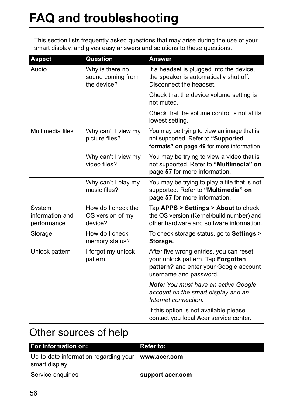 Other sources of help, Faq and troubleshooting | Acer DA220HQL User Manual | Page 56 / 61