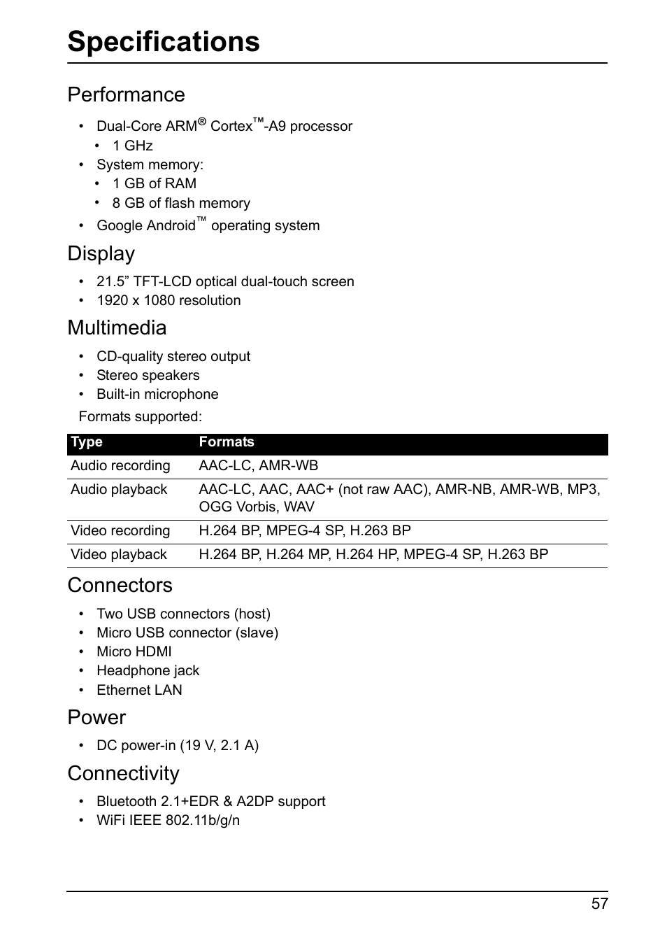 Specifications, Performance, Display | Multimedia, Connectors, Power, Connectivity | Acer DA220HQL User Manual | Page 57 / 61