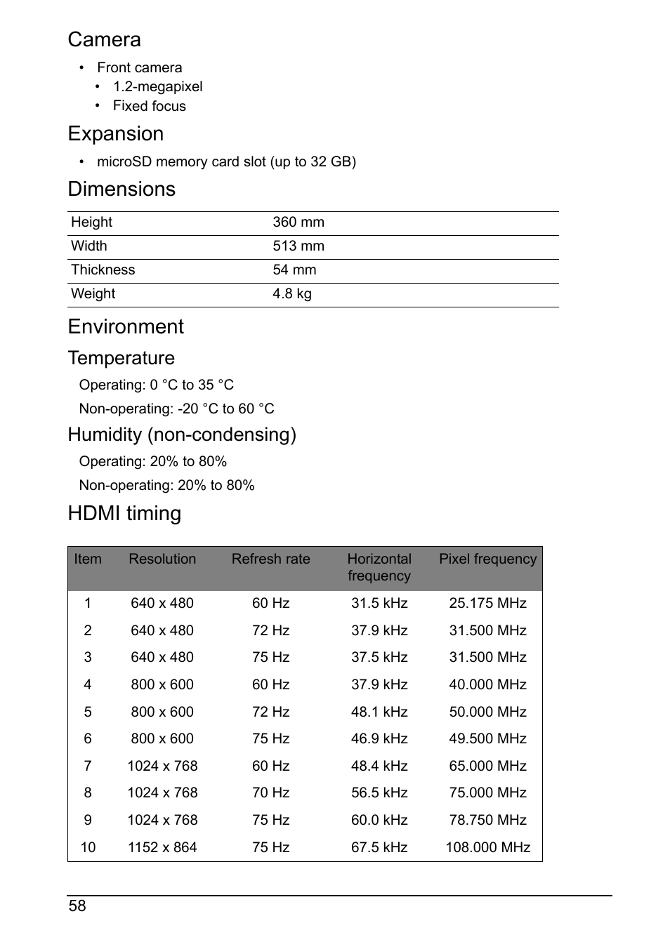 Camera, Expansion, Dimensions environment | Hdmi timing, Temperature, Humidity (non-condensing) | Acer DA220HQL User Manual | Page 58 / 61