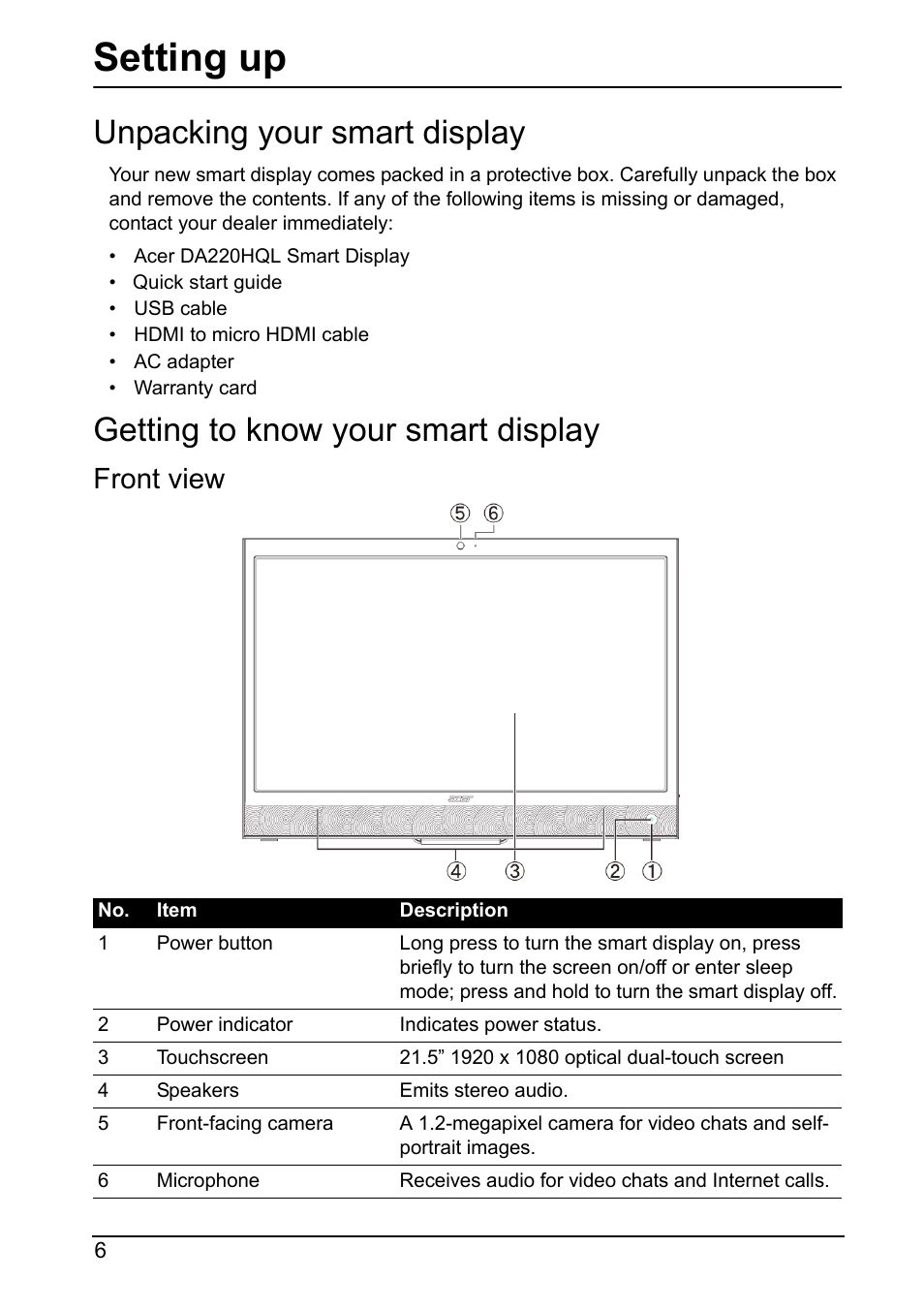 Unpacking your smart display, Getting to know your smart display, Setting up | Front view | Acer DA220HQL User Manual | Page 6 / 61