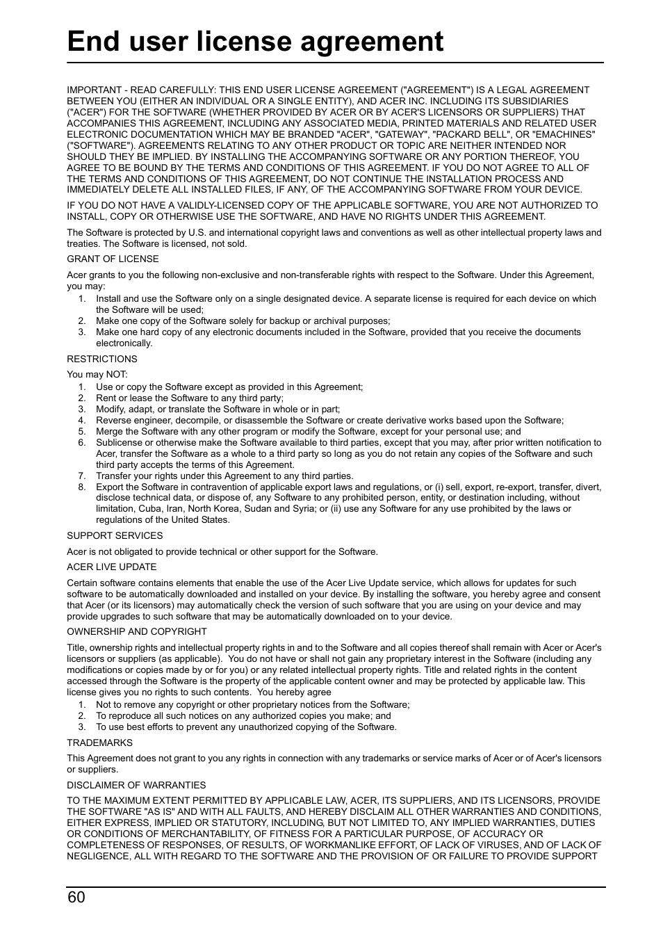 End user license agreement | Acer DA220HQL User Manual | Page 60 / 61