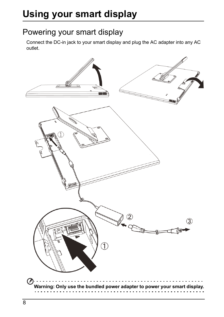 Powering your smart display, Using your smart display | Acer DA220HQL User Manual | Page 8 / 61