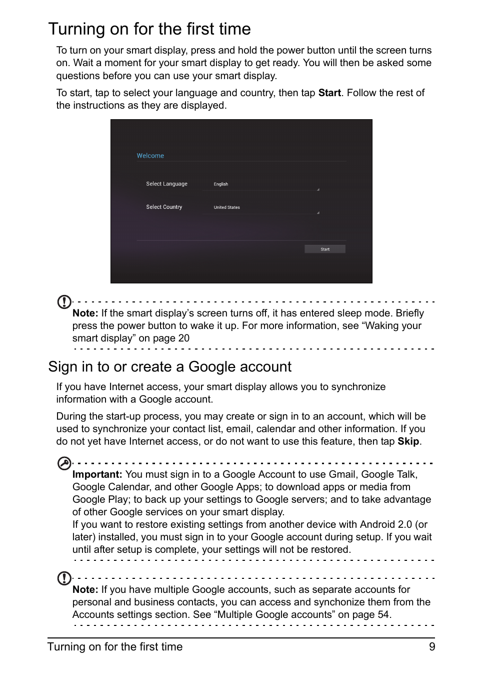 Turning on for the first time, Sign in to or create a google account | Acer DA220HQL User Manual | Page 9 / 61