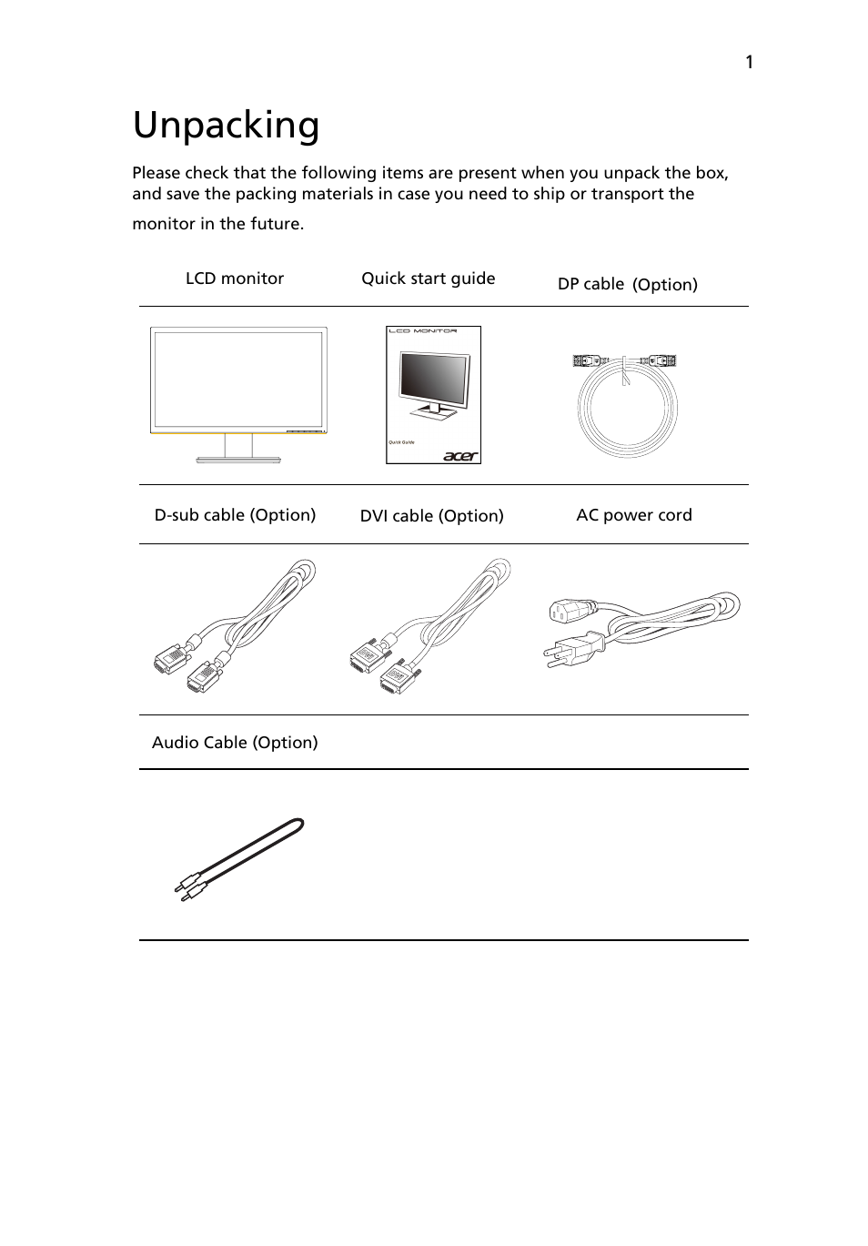 Unpacking | Acer V246HYL User Manual | Page 13 / 27