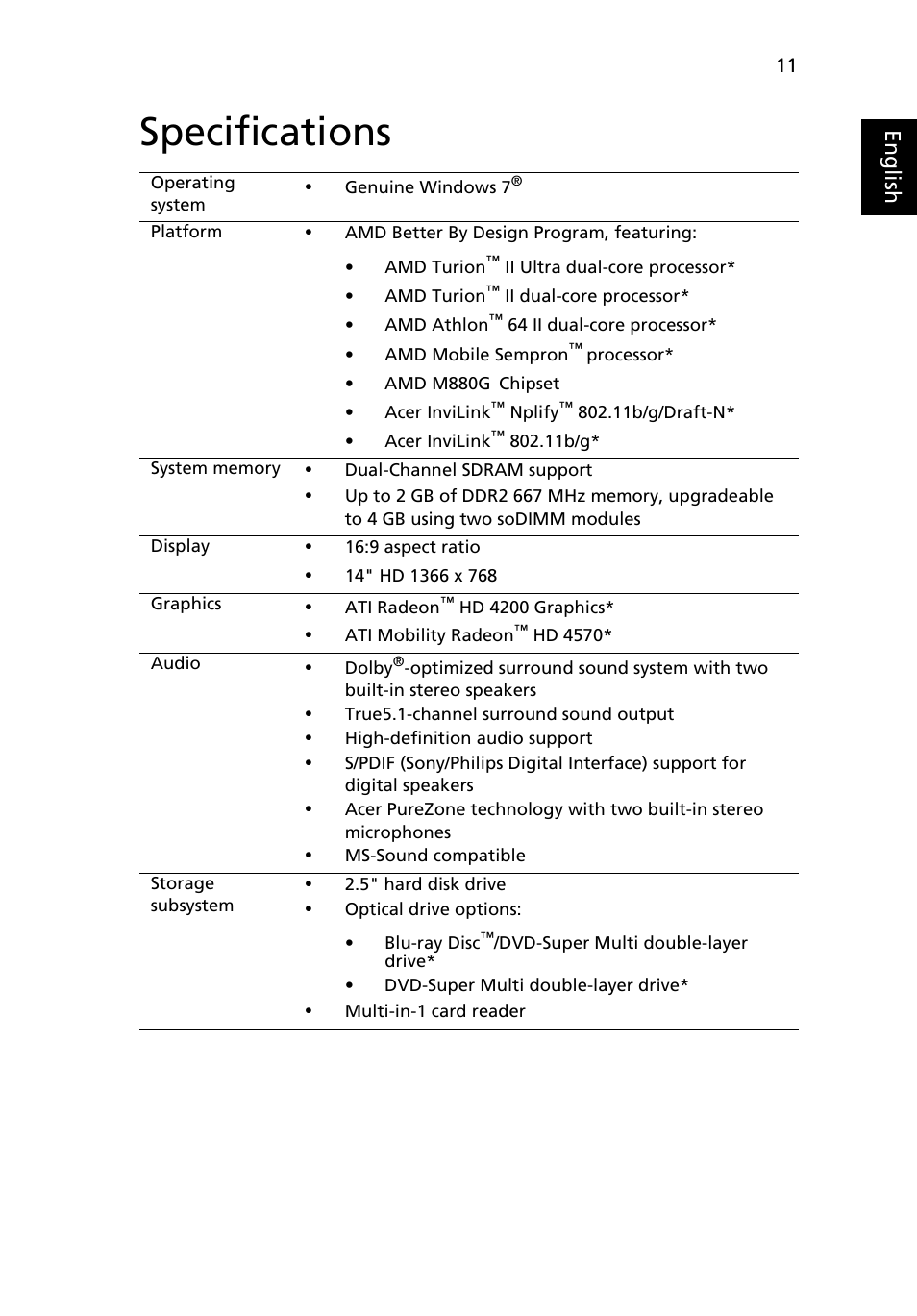 Specifications, Eng lis h | Acer Aspire 4540 User Manual | Page 11 / 13