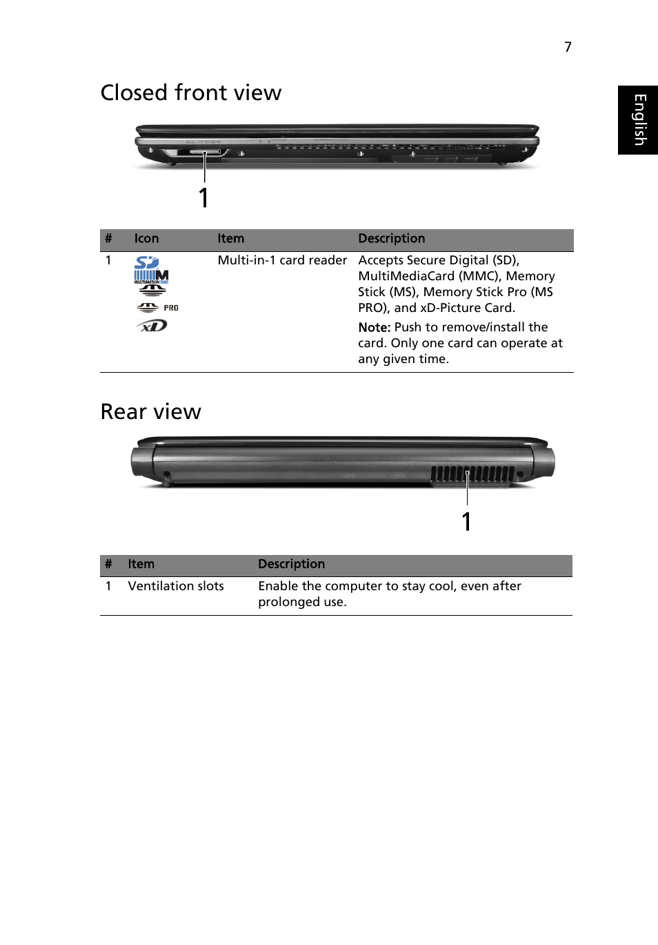Closed front view, Rear view, Closed front view rear view | Acer Aspire 4540 User Manual | Page 7 / 13