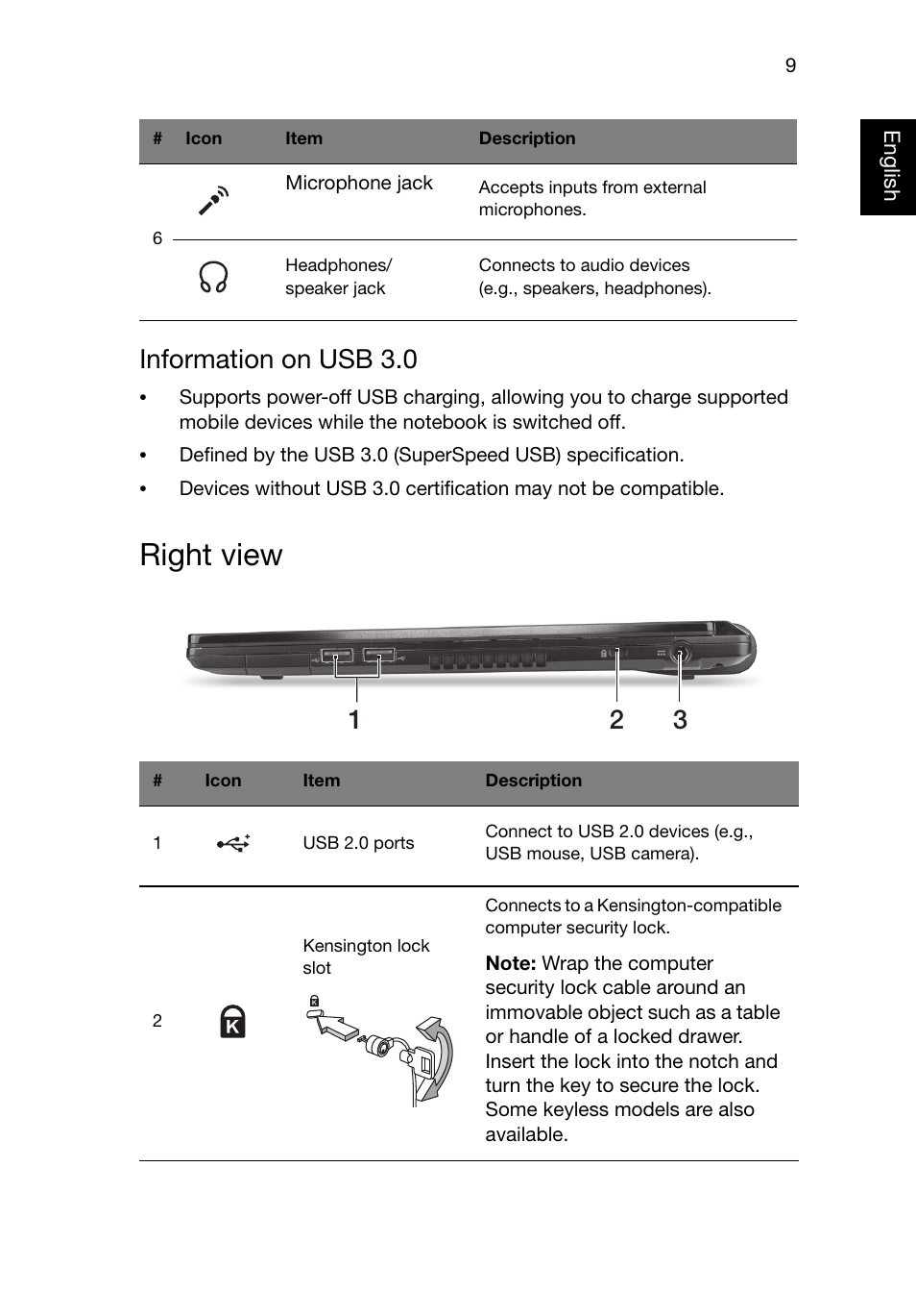 Right view, Information on usb 3.0 | Acer TravelMate 8481G User Manual | Page 9 / 11