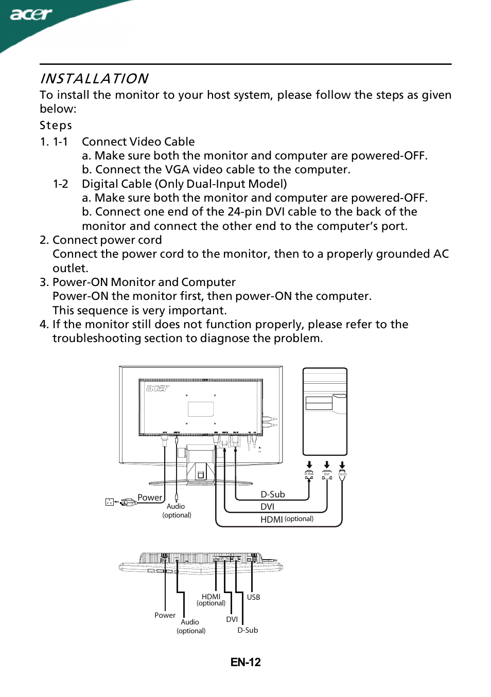 Installation, En-12 | Acer X243H User Manual | Page 13 / 25