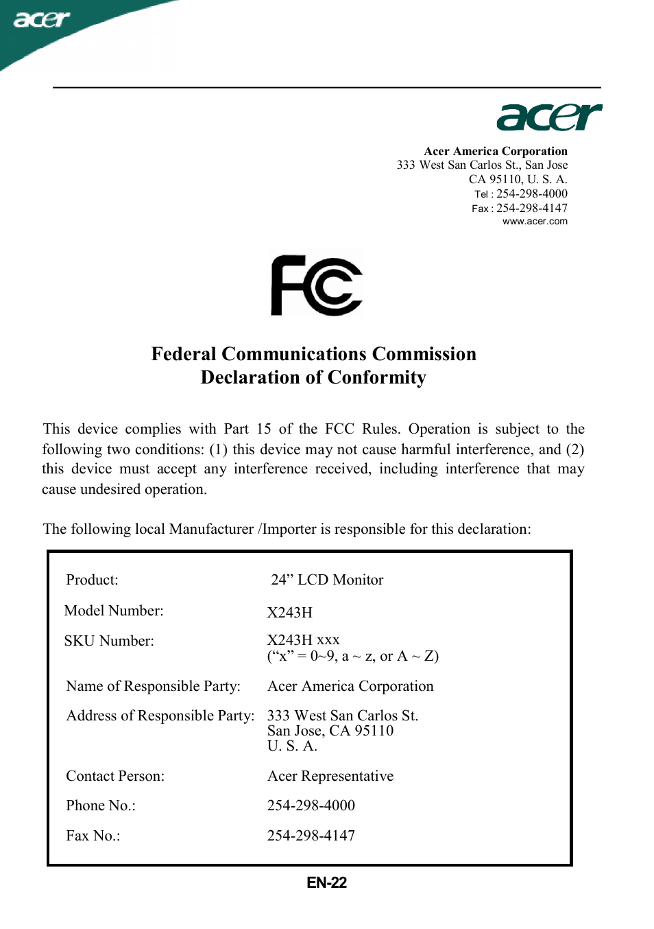 Acer X243H User Manual | Page 23 / 25