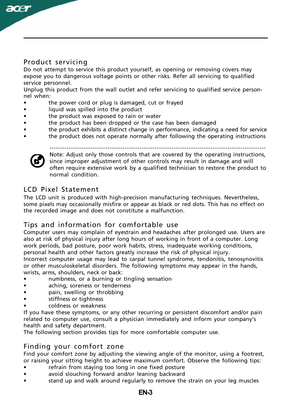 En-3 product servicing, Lcd pixel statement, Tips and information for comfortable use | Finding your comfort zone | Acer X243H User Manual | Page 4 / 25