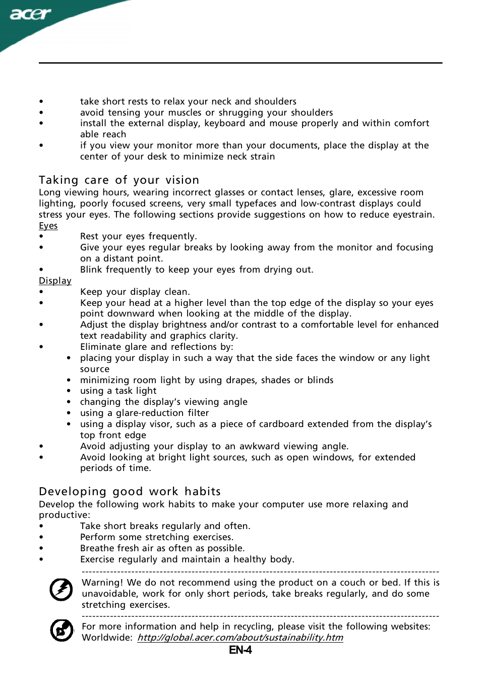 En-4, Taking care of your vision, Developing good work habits | Acer X243H User Manual | Page 5 / 25