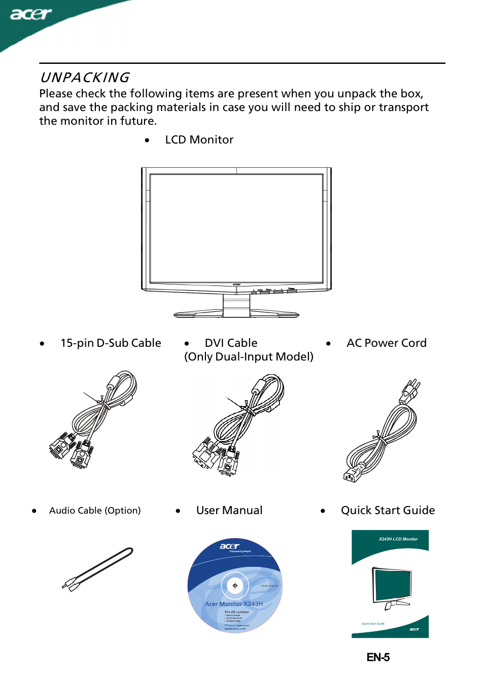 Unpacking | Acer X243H User Manual | Page 6 / 25