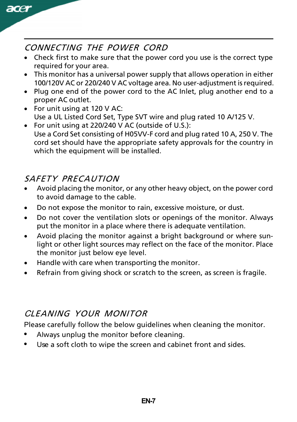 Connecting the power cord, Safety precaution, C leaning your monitor | Acer X243H User Manual | Page 8 / 25