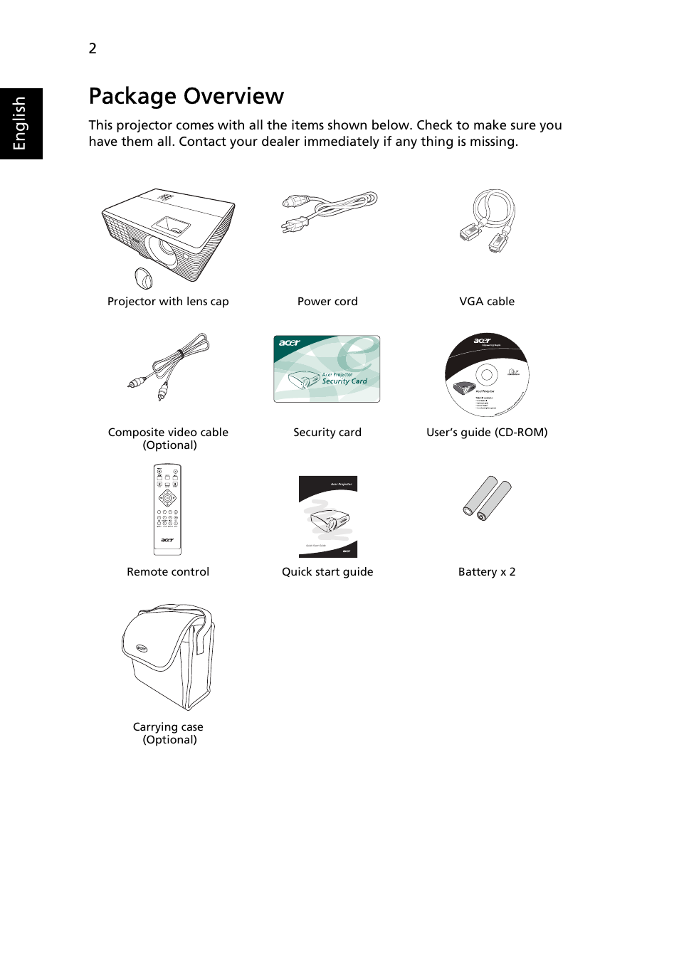 Package overview, English | Acer X1213 User Manual | Page 12 / 58