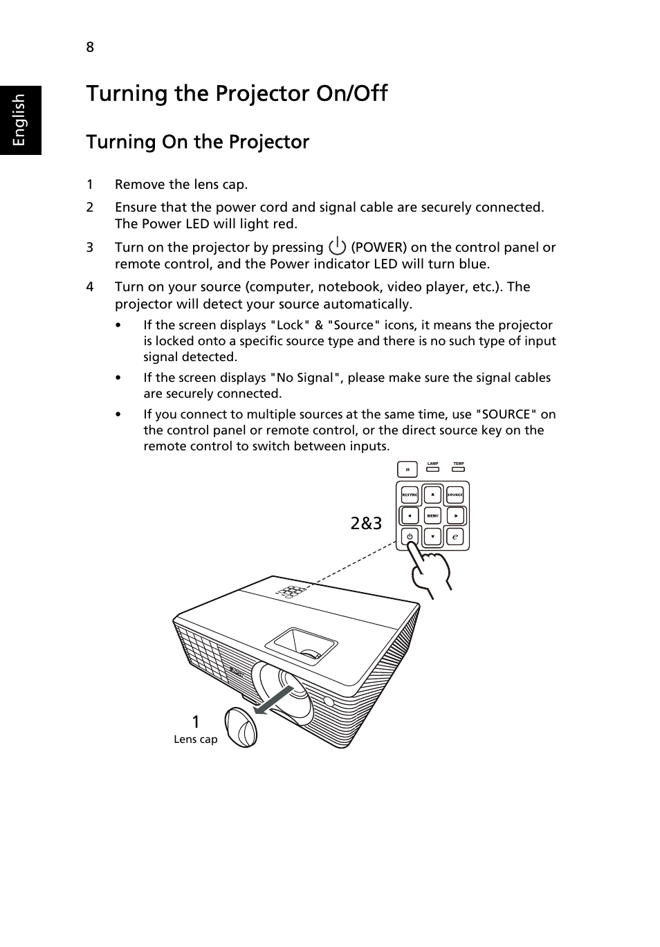 Turning the projector on/off, Turning on the projector, English | Acer X1213 User Manual | Page 18 / 58