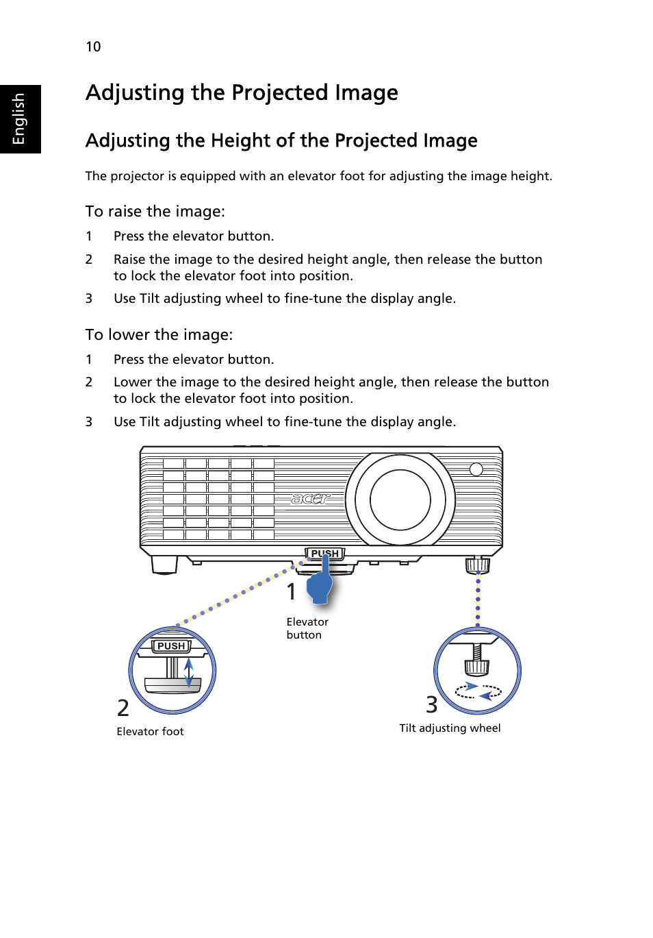 Adjusting the projected image, Adjusting the height of the projected image | Acer X1213 User Manual | Page 20 / 58