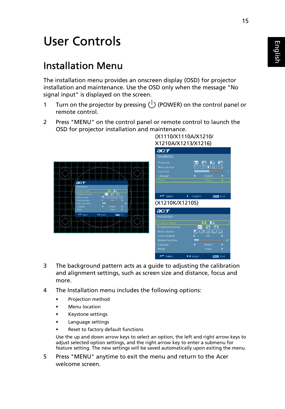 User controls, Installation menu | Acer X1213 User Manual | Page 25 / 58