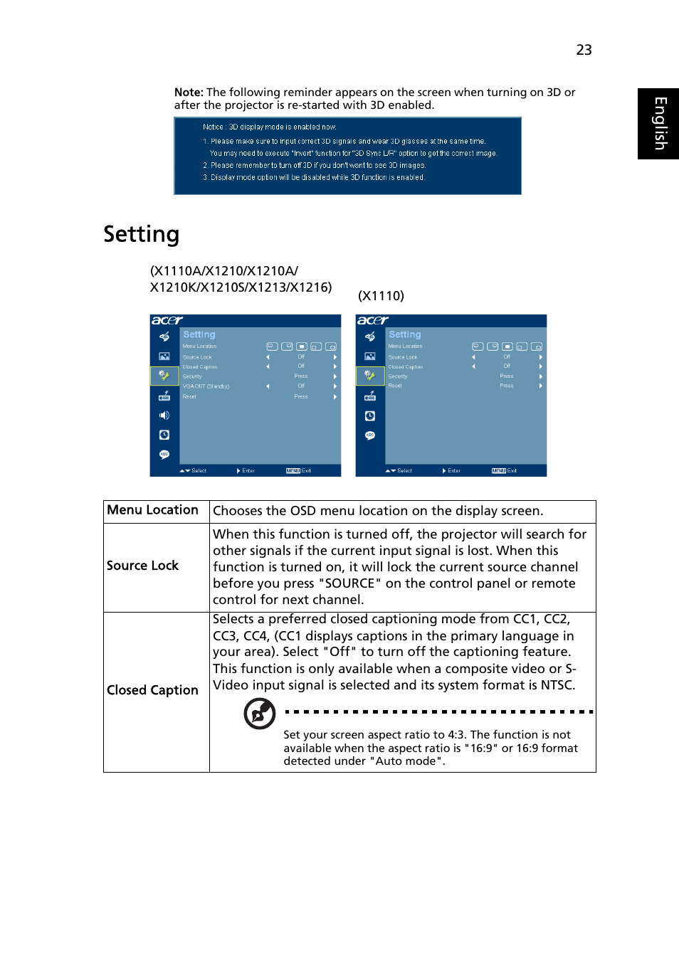 Setting | Acer X1213 User Manual | Page 33 / 58