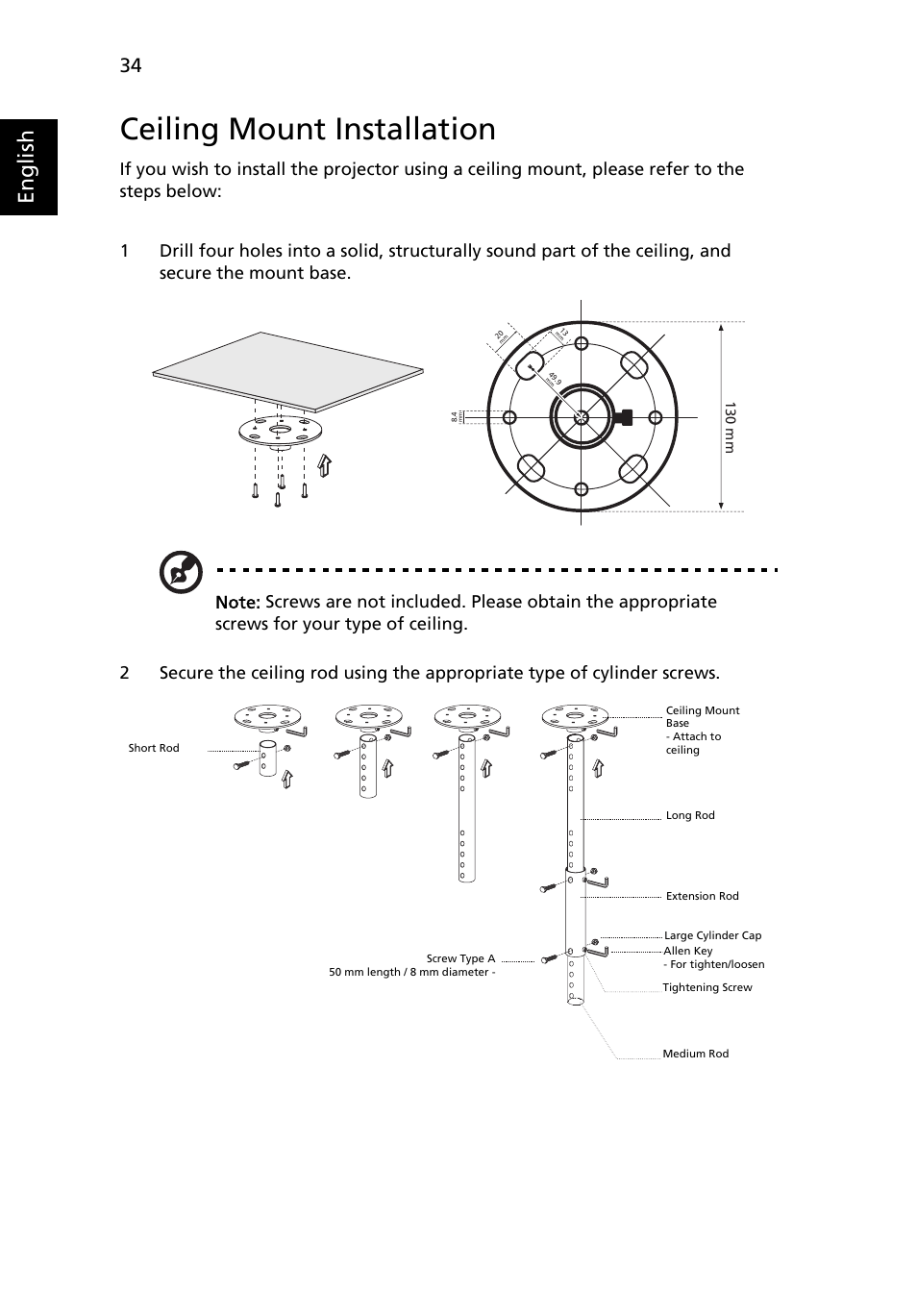 Ceiling mount installation, English | Acer X1213 User Manual | Page 44 / 58