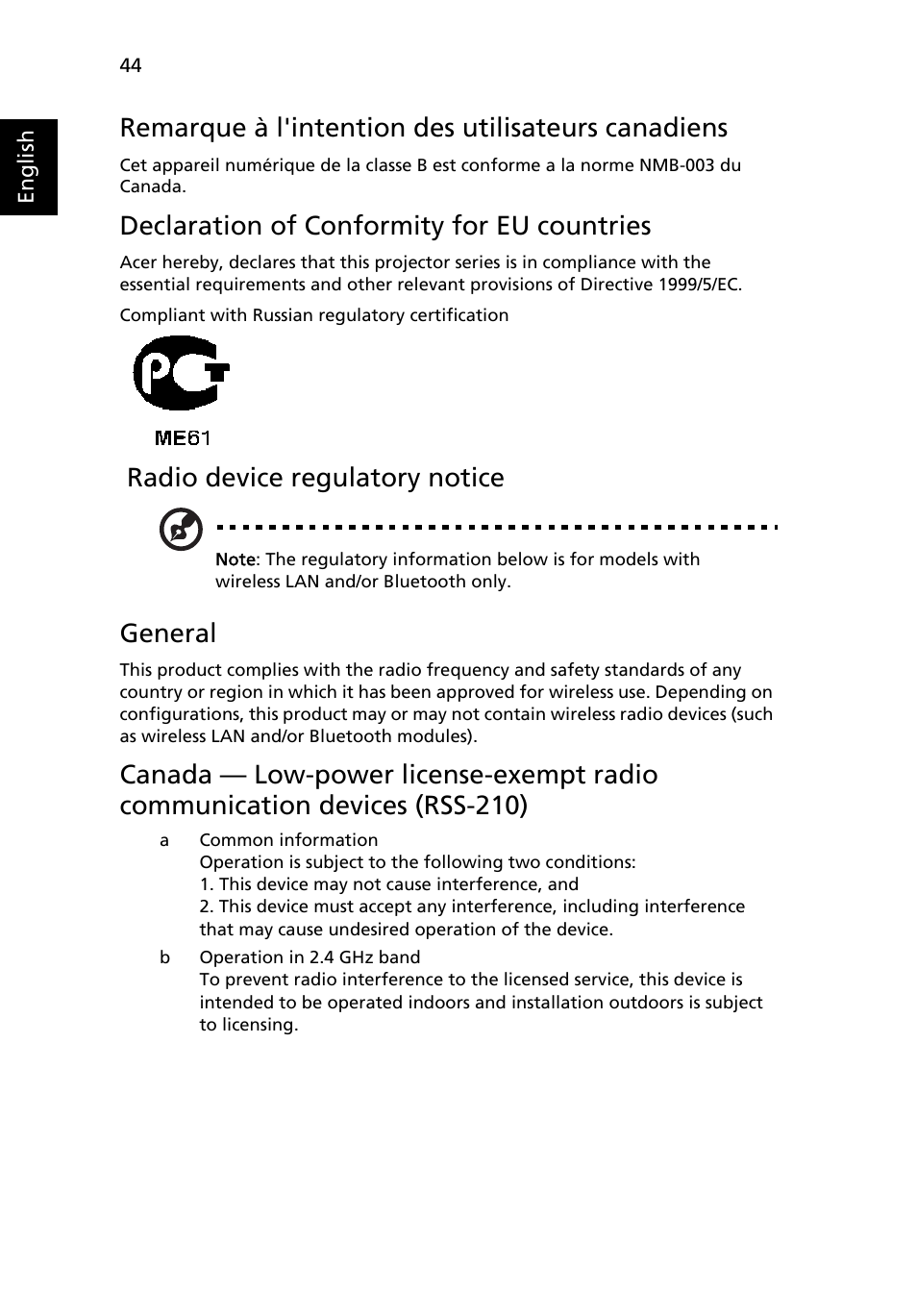 Remarque à l'intention des utilisateurs canadiens, Declaration of conformity for eu countries, Radio device regulatory notice | General | Acer X1213 User Manual | Page 54 / 58