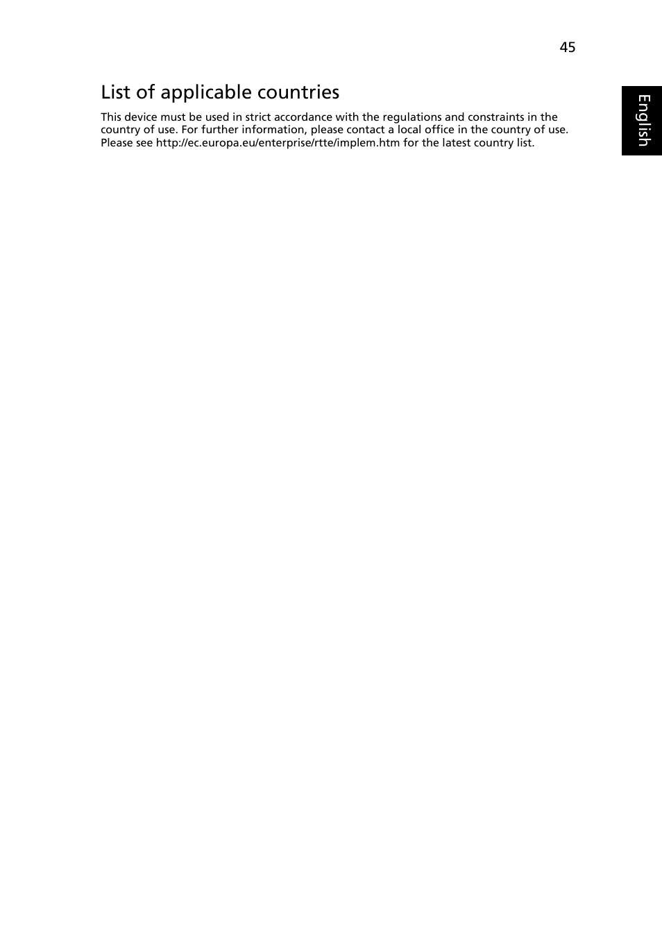 List of applicable countries | Acer X1213 User Manual | Page 55 / 58