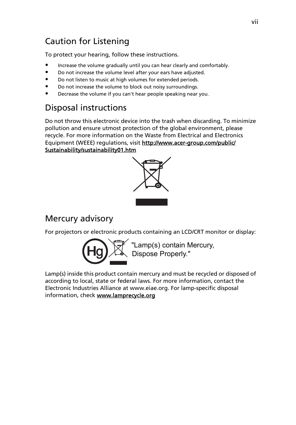 Caution for listening, Disposal instructions, Mercury advisory | Acer X1213 User Manual | Page 7 / 58