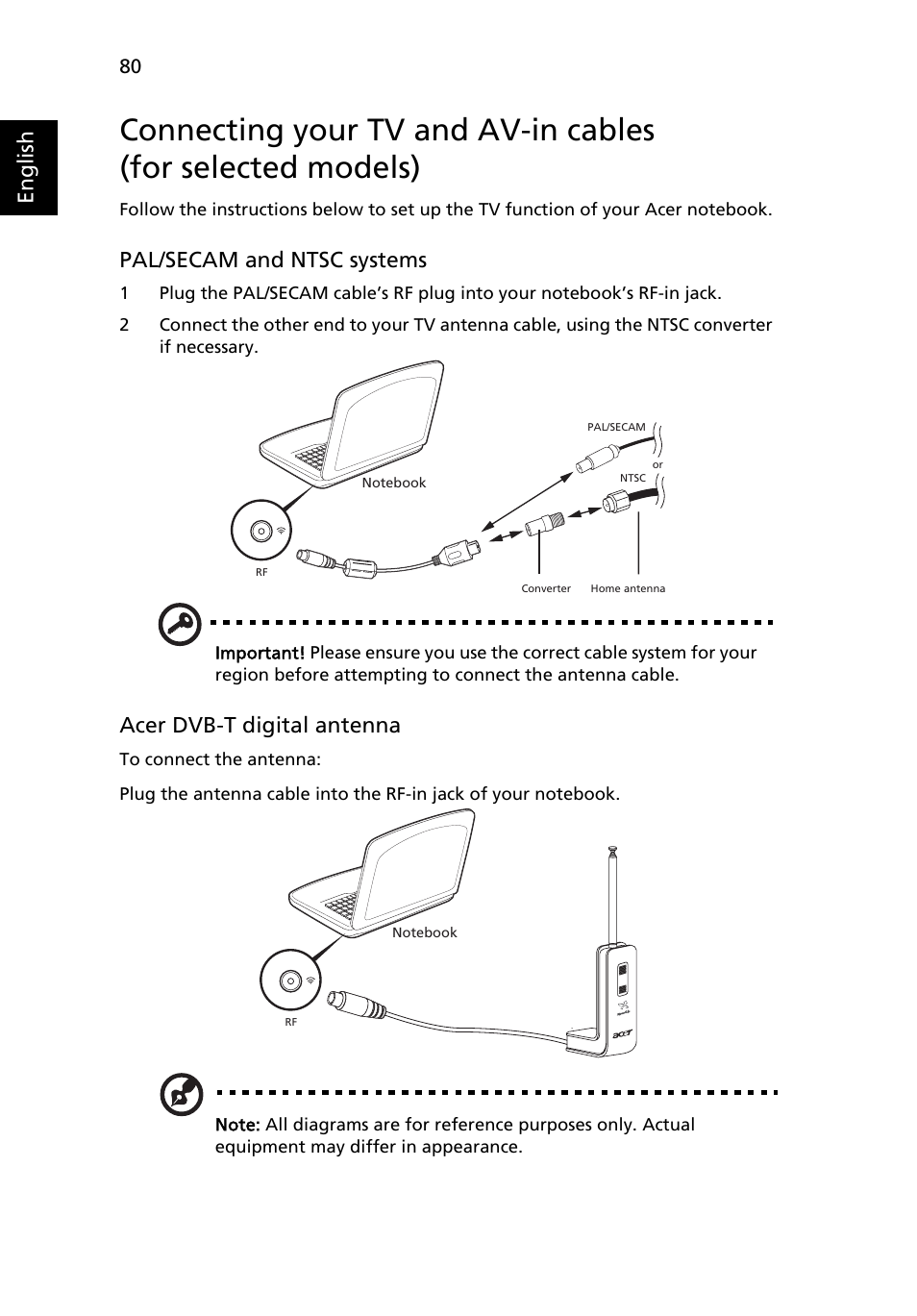 English, Pal/secam and ntsc systems, Acer dvb-t digital antenna | Acer Aspire 7720G User Manual | Page 100 / 123