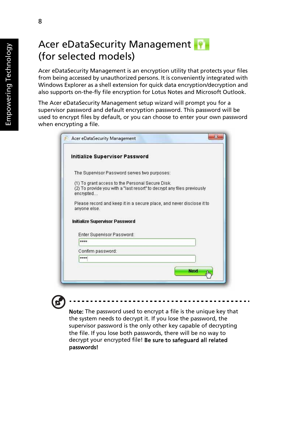 Acer edatasecurity management, For selected models) | Acer Aspire 7720G User Manual | Page 28 / 123