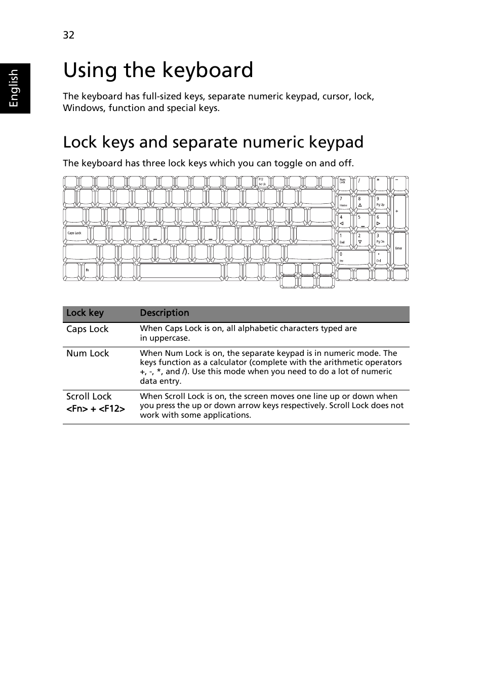 Using the keyboard, Lock keys and separate numeric keypad | Acer Aspire 7720G User Manual | Page 52 / 123