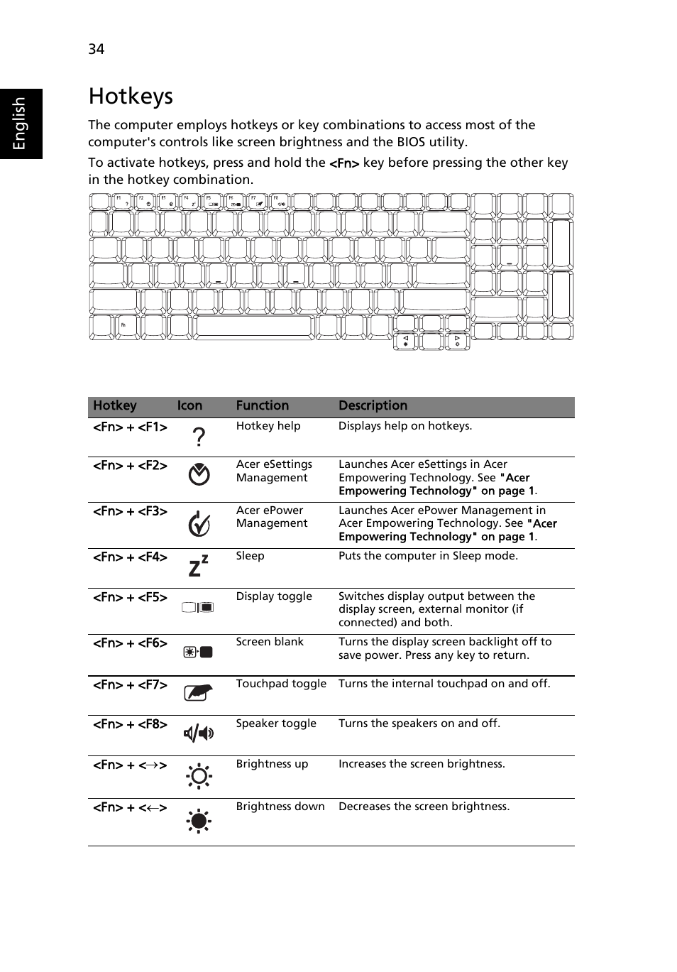 Hotkeys, English | Acer Aspire 7720G User Manual | Page 54 / 123