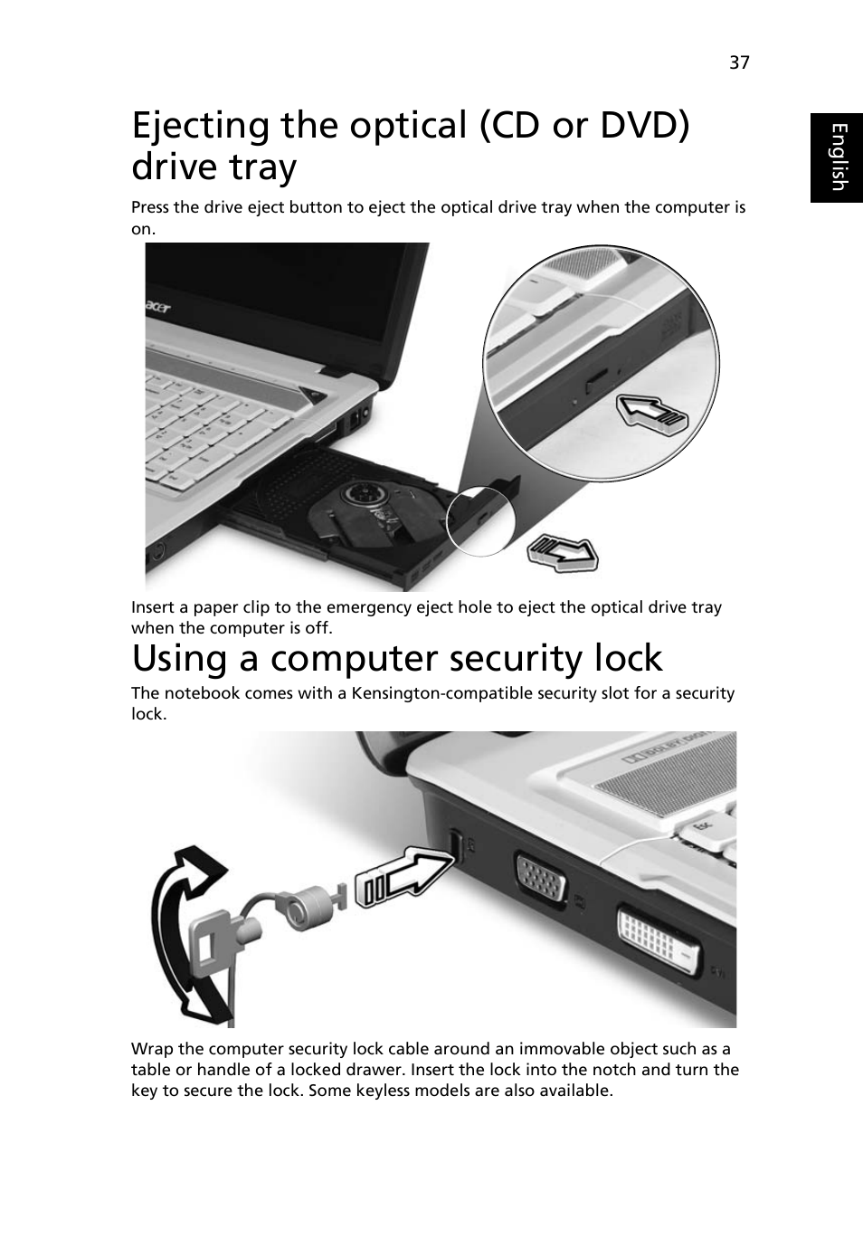 Ejecting the optical (cd or dvd) drive tray, Using a computer security lock | Acer Aspire 7720G User Manual | Page 57 / 123