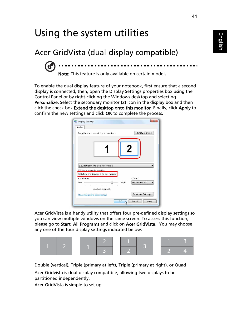 Using the system utilities, Acer gridvista (dual-display compatible) | Acer Aspire 7720G User Manual | Page 61 / 123